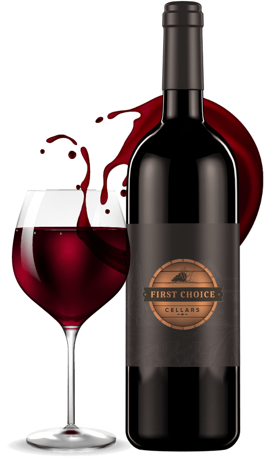 Glass of wine with First Choice Cellars bottle