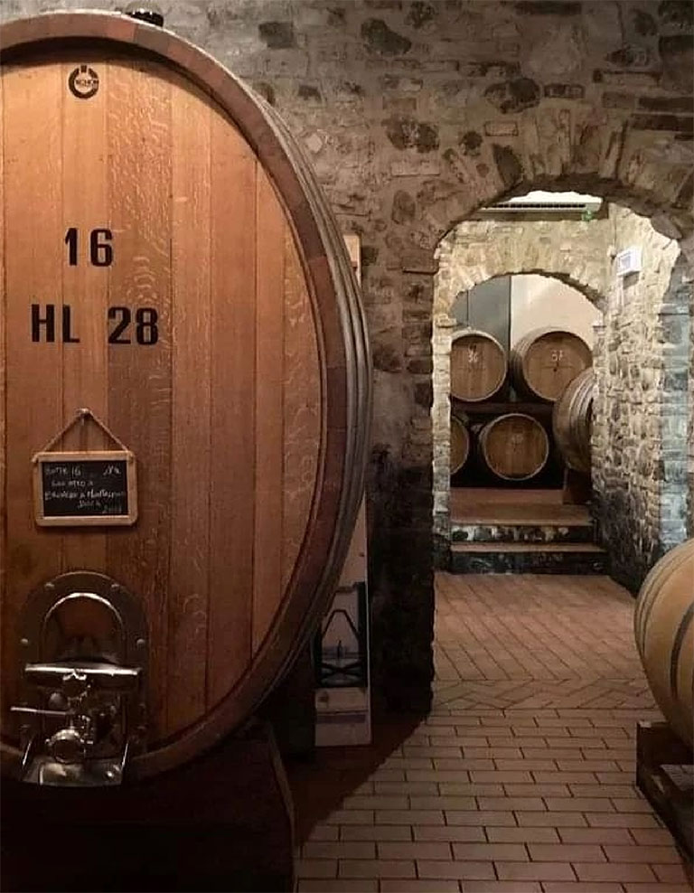 Wine barrels in stone wine cellar